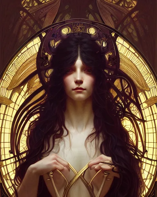 Image similar to portrait of a transcendental creature, d & d, fantasy, intricate, elegant, highly detailed, digital painting, artstation, concept art, smooth, sharp focus, illustration, art by artgerm and greg rutkowski and alphonse mucha, new art nouveau