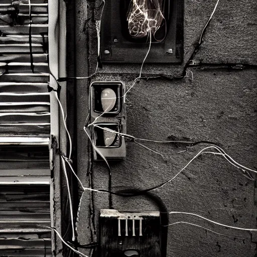 Prompt: a dark occult ritual of wires skin and decay, moody, hyperrealism, 8 k photo, atmospheric