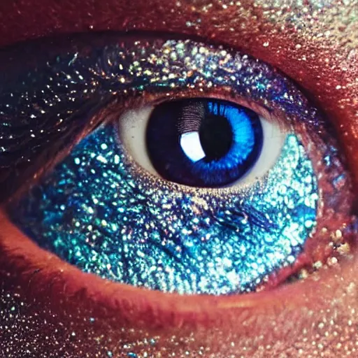 Prompt: A realistic eye, shiny, glittery, looking out into the sky