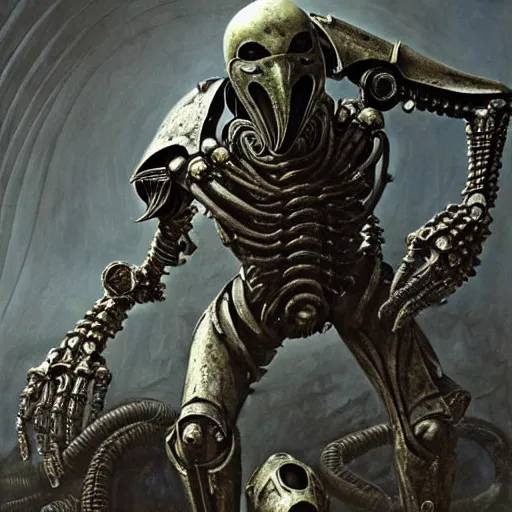 Image similar to still frame from Prometheus movie by giger, necron lord skorpekh editorial by Malczewski, biomechanical armoured knight by Wayne Barlowe, MTG card ornate complex artifact golem of annihilation by Alan merrett