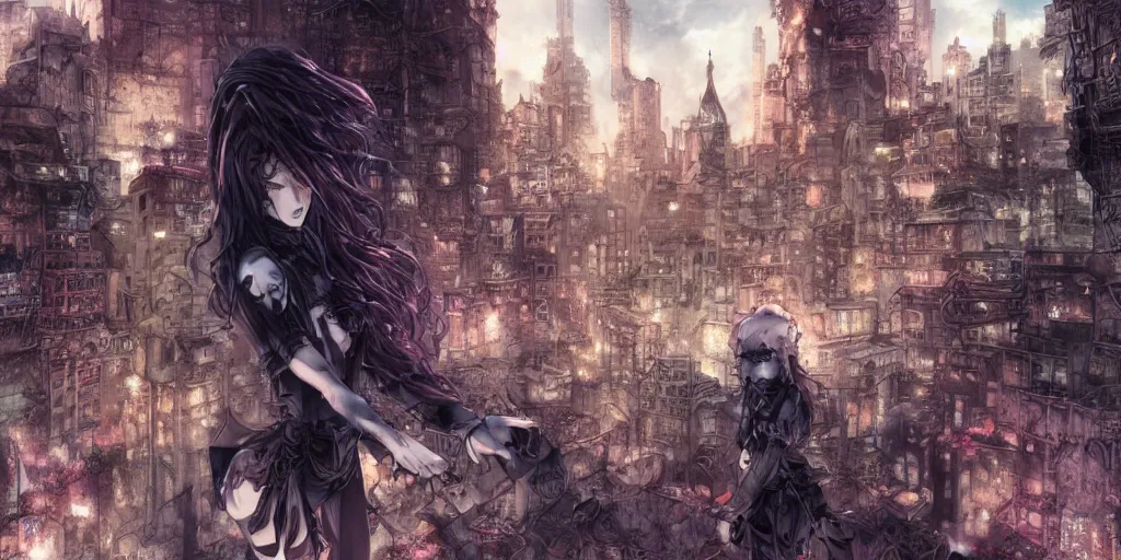 Image similar to goth woman in front of city, color page, tankoban, 4 k, tone mapping, akihiko yoshida, james jean andrei riabovitchev marc simonetti, yoshitaka amano, long hair, curly, h. hydrochaeri