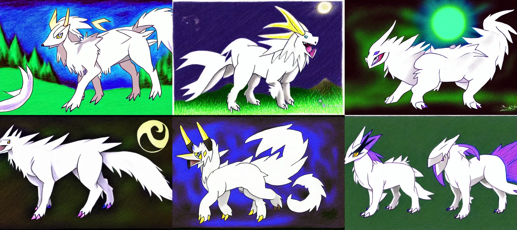 Prompt: a white feathered wolf with a bladed horn and tail. a colored - pencil drawing of absol in the style of pokemon. absol caught on a deep forest mountain night vision trail cam