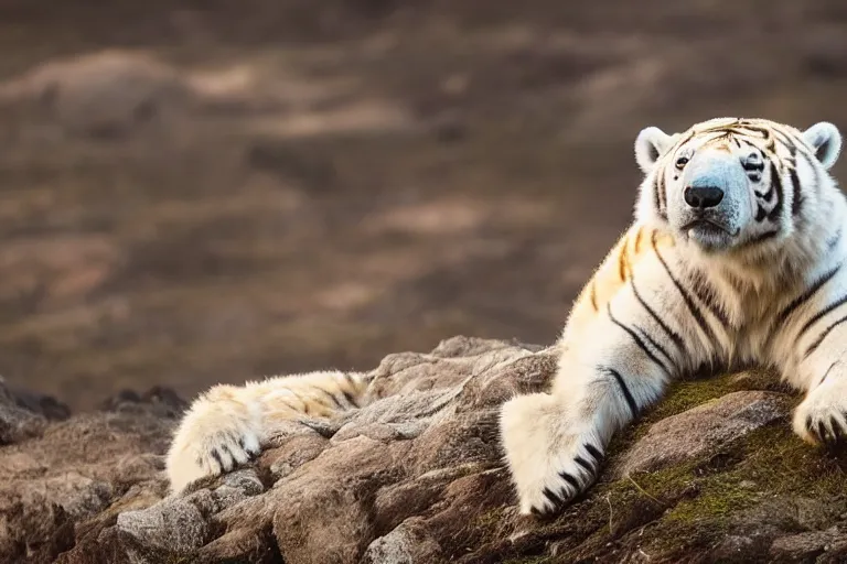 Image similar to a tiger polar bear!!! hybrid! hyper realistic!! realistic lighting!! wildlife photographer of the year!!! bold natural colors, national geographic, hd, wide angle, 8 k