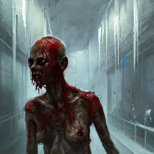 Image similar to concept art by greg rutkowski, infected people with a kind of reddish silt oozing from their bodies, looking rabid, in a claustrophobic, futuristic and brutalist environment, frightening and creepy atmosphere, scifi, highly detailed portrait, digital painting, artstation, concept art, smooth, sharp foccus ilustration, artstation hq