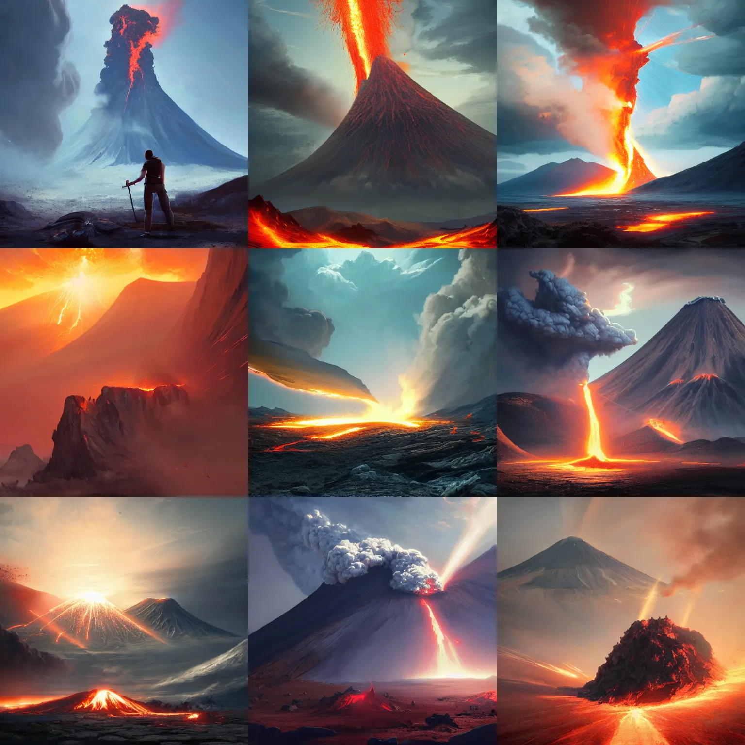 Prompt: volcano eruption, plumes of smoke and ash, rays of sunlight, dramatic lighting, dynamic view, by greg rutkowski, chris tulloch mccabe, valentina remenar and asher duran, digital art, concept art, trending on artstation