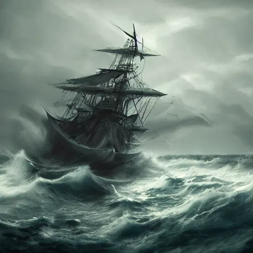 Prompt: ghostly pirate ship sailing on a raging sea, concept art, highly detailed, ultra realistic, intricate, dark colour, tense atmosphere, night sky, shining sea, wrecked ship