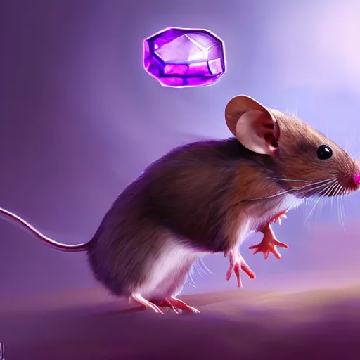 Prompt: armored mouse warrior reaching for a floating purple crystal, Digital Oil Painting, trending on Artstation, highly detailed, 8k, UHD