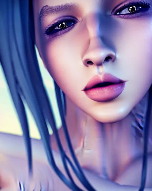 Prompt: realistic concept of a young female game character with big equilateral triangle in place of a mouth, detailed portrait, bokeh. 8k, sharp high quality photo