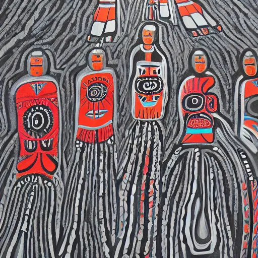 Prompt: a girl, north western indigenous art styles of belerose, desjarlais, robbie craig. girl running through a forest of totem poles, gray black white and red noir,