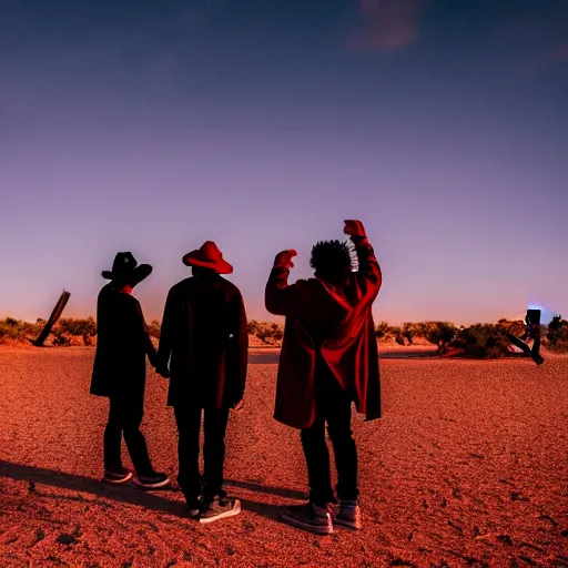 Prompt: photograph of three ravers, two men, one woman in a trenchcoat blessing the earth, seen from behind, talking around a fire, dancefloor kismet, diverse costumes, clean composition, desert transition area, bonfire, night, australian desert, xf iq 4, symmetry, sony a 7 r, 1 5 0 mp, 5 0 mm