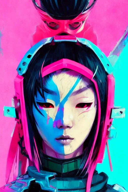 Image similar to stylized japanese girl : ninja - cyberpunk, wearing urban techwear, and armor, painted in acrylic, in the colors hot pink and cyan, beautiful realistic face, spotlight, by greg rutkowski, by jeremy mann, by francoise nielly, by van gogh, by ross tran, in focus