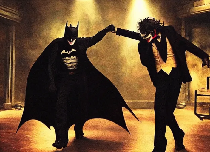 Image similar to Batman and Joker dance together，atmospheric lighting, masterpiece, award winning painting by Emmanuel Lubezki