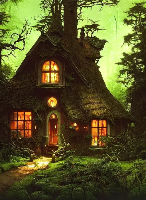 Image similar to hyper realistic homely witch cottage rococo in the woods gorgeous lighting, highly detailed, lush forest painting by norman rockwell, james gurney zdzisław beksinski and norman rockwell and greg rutkowskiweta studio