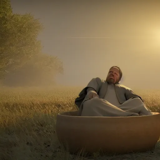 Image similar to a priest sleeping in a large clay pot, foggy, sun rays, cinematic shot, photo still from movie by denis villeneuve, unreal engine 5