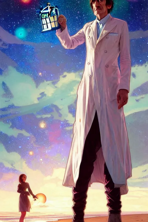 Image similar to the doctor who, patrick troughton on a beach, the ocean in the background, swirling colourful stars in the background, art by artgerm and greg rutkowski and alphonse mucha