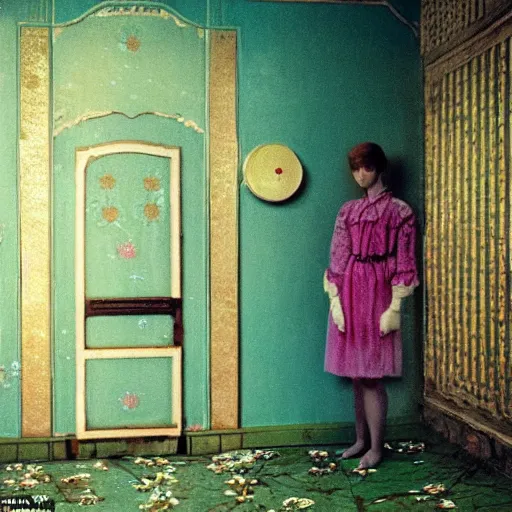 Prompt: a beautiful flowery girl in an soviet golden liminal abandoned room, film still by wes anderson, depicted by balthus, limited color palette, very intricate, art nouveau, highly detailed, lights by hopper, soft pastel colors