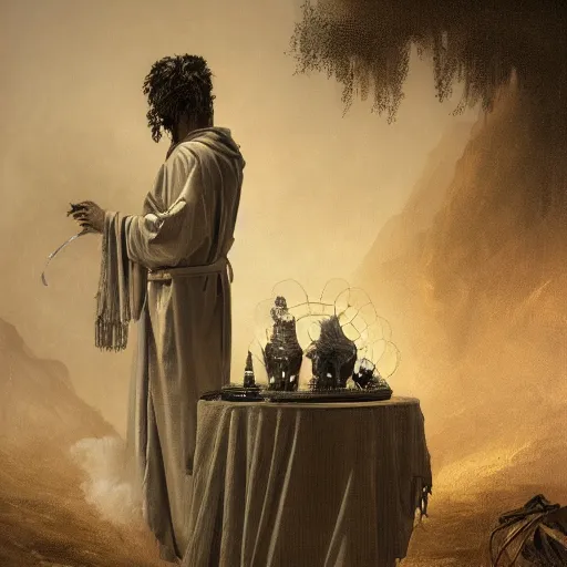 Prompt: a photographic portrait of a humanoid in robes with a halo standing in front of a tent holding a bowl of smoke by gustave dore and stephen hickman and allen williams, trending on artstation, cgsociety, 4 k hd, earthtone colors, skulls in the smoke, an open canvas tent in the background