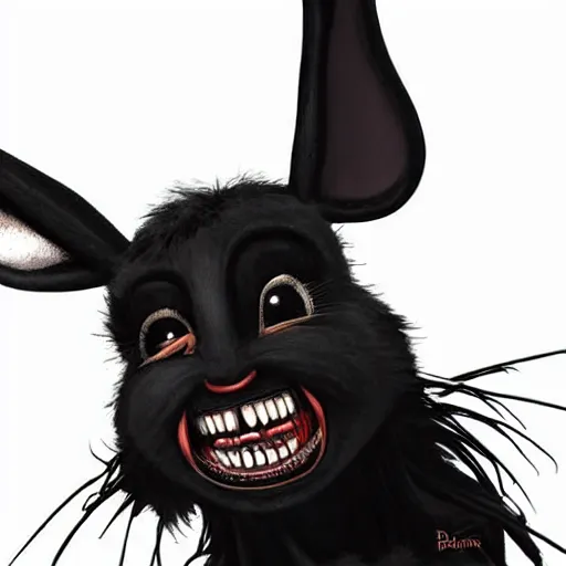 Prompt: A extremely highly detailed majestic hi-res beautiful, highly detailed head and shoulders portrait of a scary terrifying, horrifying, creepy black cartoon rabbit with scary big eyes, earing a shirt laughing in the style of Walt Disney