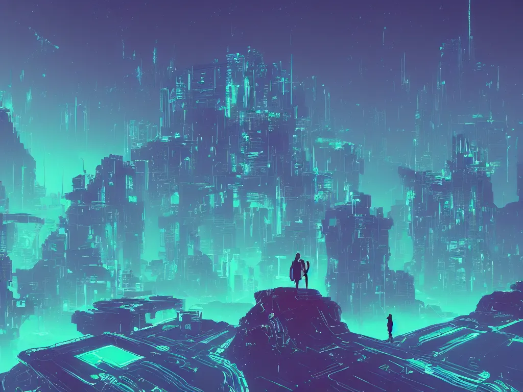 Prompt: synthwave landscape of a lone traveler walking towards a distant cyberpunk castle, complex, cyberspace, grid, holographic, virtual, night, wireframe, by Anton Fadeev, by Alena Aenami, by Paul Lehr, wide angle, highly detailed, cinematic, Blue and Green color scheme