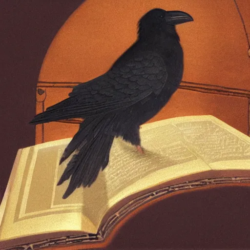 Prompt: beautifully detailed portrait of a detailed raven looking at a book laid out on a golden silk cloth, in a serene beautiful stone arched garden at beautiful sunrise by frederic leighton and by rosetti and sidney cooper, 4 k, artstation