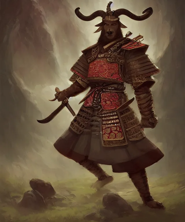 Image similar to anthropomorphic goat samurai, samurai outfit, standing in a beautiful landscape, cute and adorable, dnd character art portrait, matte fantasy painting, deviantart artstation, by jason felix by steve argyle by tyler jacobson by peter mohrbacher, cinematic lighting