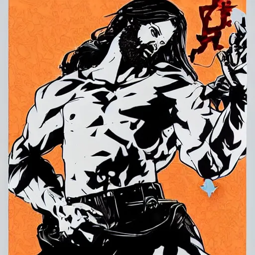 Prompt: portrait jesus in a jojo pose, game poster by yoji shinkawa