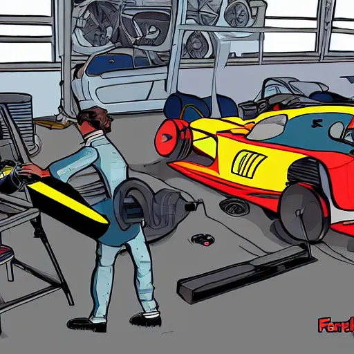 Image similar to formula one mechanic works on car, comic, wide shot, gta style by patrick brown