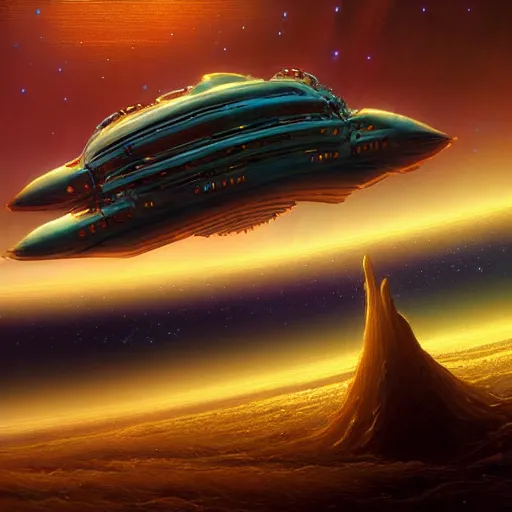 Prompt: cinematic shot long space ship flying in deep space golden hull long golden tentacles steampunk style atmosferic retro style ames eads casper david friedrich raphael lacoste vladimir kush tim white leis royo michael whelan bruce pennington volumetric light effect broad light oil painting painting fantasy art style sci - fi art style realism artwork unreal engine