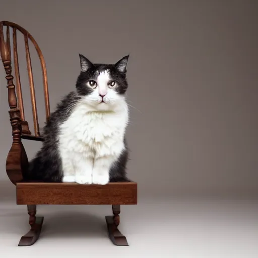 Image similar to A fluffy cat sitting in a Windsor chair, octane lighting