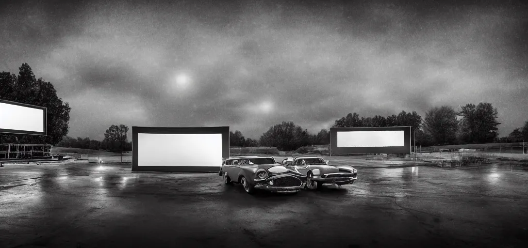 Prompt: Look of Small outdoor high profile drive-in cinema, light rain, night, noire classic cars, digital art, 8k, moody details