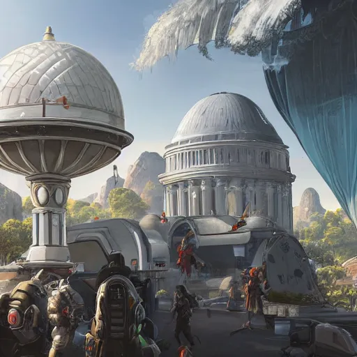 Image similar to clean white dome in a pleasant urban setting surrounded by families, in style of apex legends, art station, ultra hd, soft light, overhead sun, ultra hd, art station