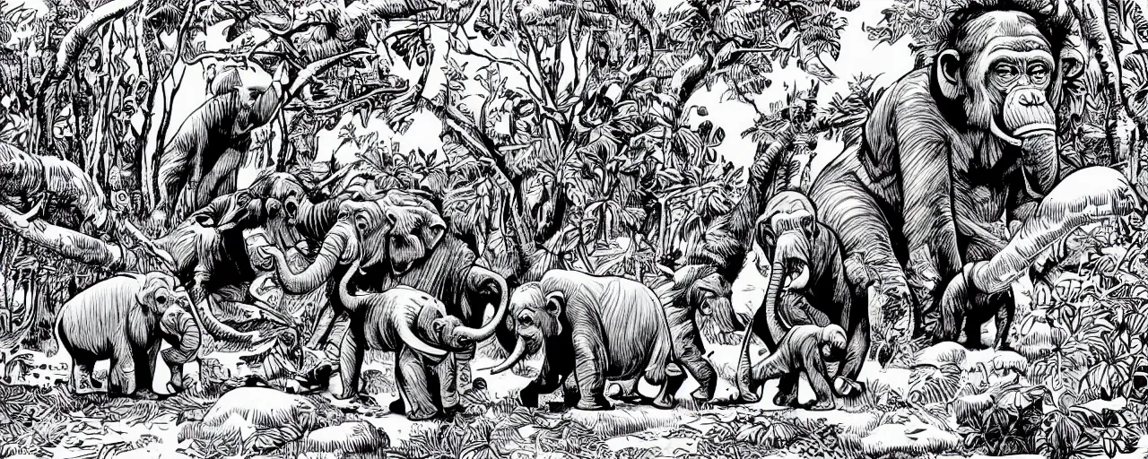 Image similar to the chimpanzee globe trotters go to an elephant wonderland inside the hollow earth where emotions are math and math is love, black and white in the style of jim woodring