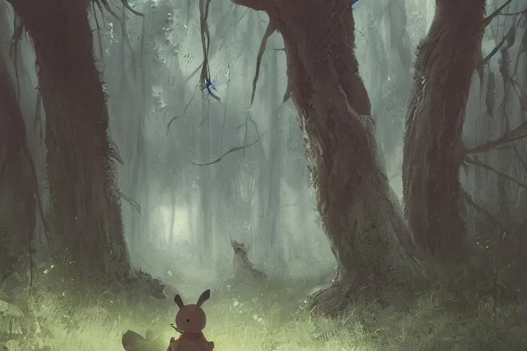 Prompt: Pikachu in the forest, horror, illustrated by Greg Rutkowski and Caspar David Friedrich, Trending on artstation, artstationHD, artstationHQ