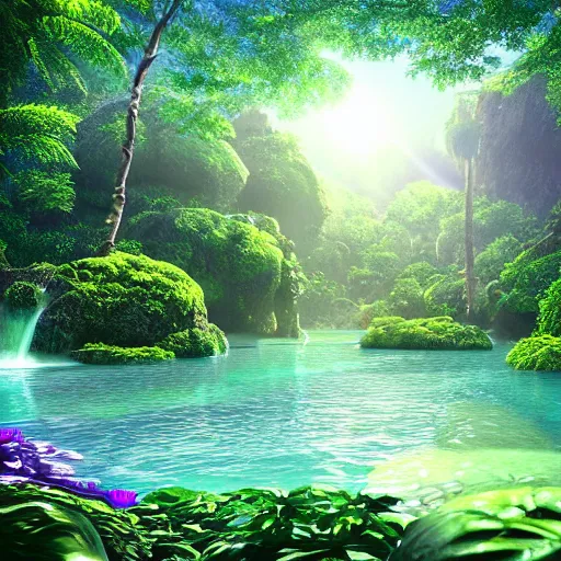 Prompt: dreamy landscape of a beautiful jungle ocean land, 3 d render