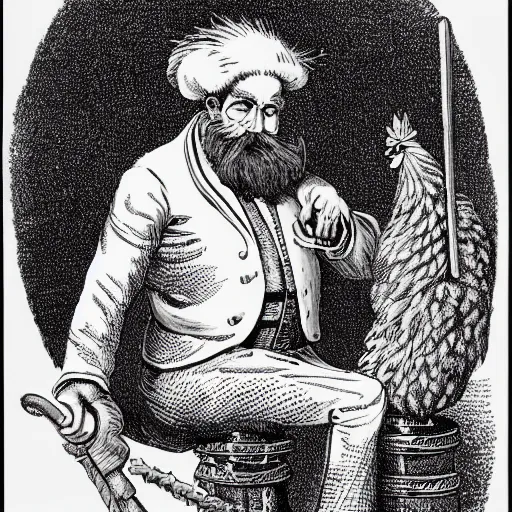 Prompt: A victorian portrait of a crazy wizard with a frizzy , long, gray beard and a chicken perching on top of his hat, dungeons and dragons, fantasy book illustration