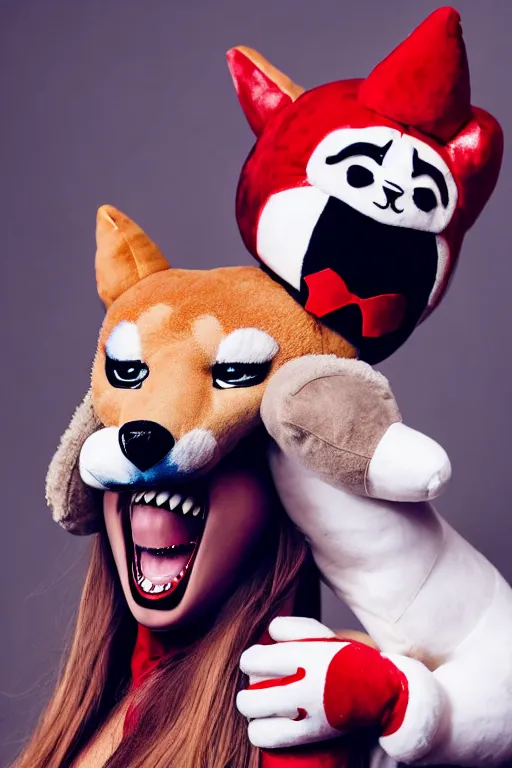 Image similar to lady gaga dressed as harley quinn attacked by plush shiba inu, plush toy, luxury materials, symmetrical, cinematic, elegant, professional studio light, real dlsr photography, sharp focus, 4 k, ultra hd, sense of awe, high fashion