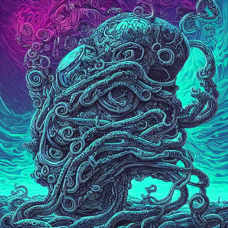 Prompt: a giant skull with intricate rune carvings and glowing eyes with three dimensional symmetrically braided lovecraftian tentacles gripping planet earth by dan mumford, twirling smoke trail, a twisting vortex of dying galaxies, digital art, vivid colors, highly detailed