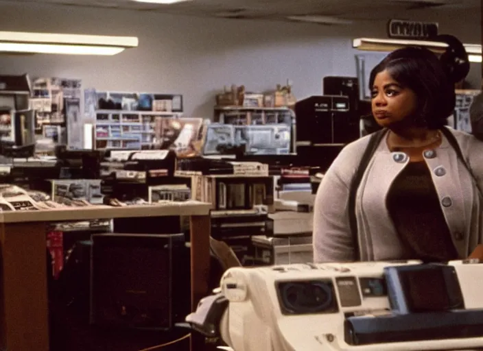 Image similar to cinematic shot of octavia spencer in an small used electronics store next to an old electronic keyboard, iconic scene from the paranoid thriller sci fi film directed by stanley kubrick, anamorphic cinematography, beautiful composition, color theory, leading lines, photorealistic, volumetric lighting