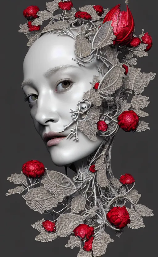 Image similar to complex 3d render ultra detailed of a beautiful porcelain profile woman face, mechanical cyborg, 150 mm, beautiful 3 point lighting, rim light, silver gold red details, luxurious magnolia with leaves and stems, roots, Alexander Mcqueen haute couture, fine foliage lace, mesh wire, filigran intricate details, hyperrealistic, mandelbrot fractal, anatomical, robotic parts, facial muscles, cable electric wires, microchip, elegant, octane render, 8k post-processing