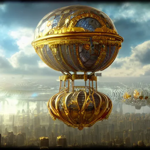 Prompt: enormous flying city in a gigantic faberge egg, sky, steampunk, floating islands, fantasy art, unreal engine,