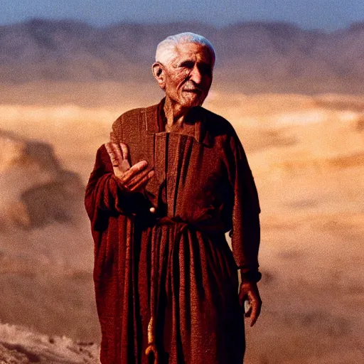 Image similar to award winning cinematic still portrait of 85 year old Mediterranean skinned man, short hair, in ancient Canaanite clothing crying holding a 22 year old Mediterranean skinned man, short hair, in ancient Canaanite clothing. Just before sunrise. Desert mountain background. sad, depressed, lonely, Biblical epic directed by Christopher Nolan