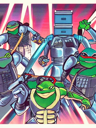 Image similar to full - color 1 9 8 5 anime illustration of the ninja turtles fighting against the terminator endoskeleton inside the cluttered cyberdyne lab. highly - detailed professional art ; high - resolution.