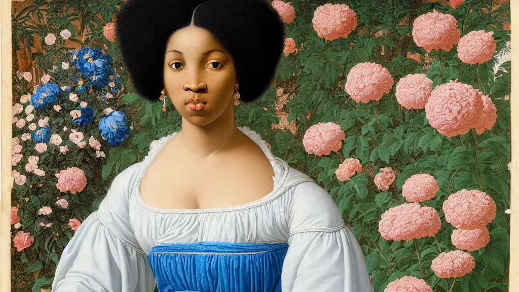 Prompt: portrait of a black woman with white and neon blue hair, wearing a white t-shirt, standing in a garden full of flowers, intricate details, high detail, in a renaissance style, super-flat, in the style of Jean Auguste Dominique Ingres, James Jean, punk, Asian art
