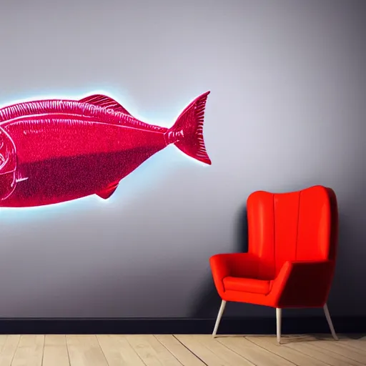 Prompt: Giant tuna fish floating in abstract cyber room, cyberspace, neon, geometric