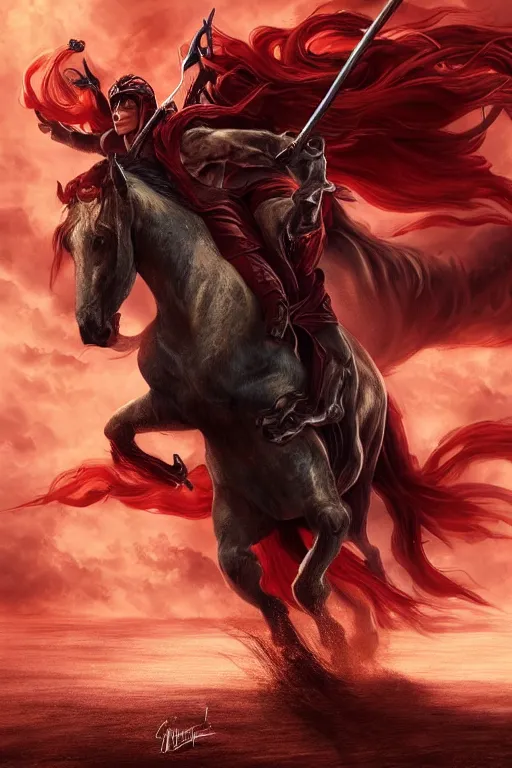 Prompt: the first singular horseman of the apocalypse riding a red stallion, horse is up on it's hindlegs, the rider looks carries a large sword, flames, artwork by artgerm and rutkowski, breathtaking, dramatic