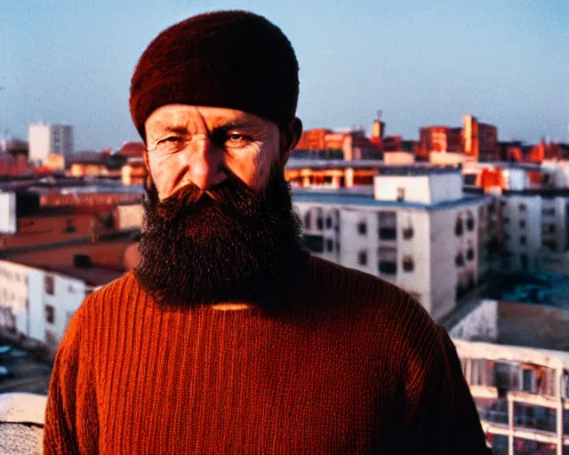 Image similar to lomographic photo of 4 0 years russian man with beard and sweater standing on small hrushevka 9 th floor balcony in taigaд looking at sunset, perfect faces, cinestill, bokeh