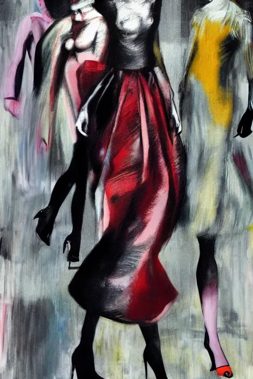 Image similar to crazy fashion catwalk, one model, crazy clothes, hauntingly surreal, highly detailed painting by francis bacon, edward hopper, adrian ghenie, gerhard richter, and james jean soft light 4 k,