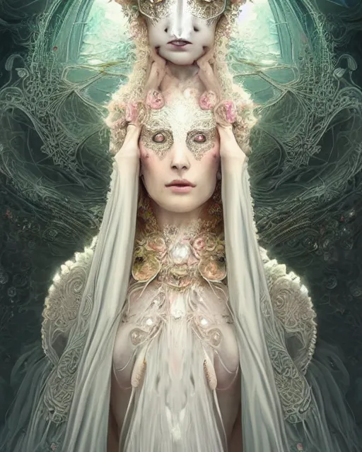 Prompt: beautiful ethereal maiden in a ivory masquerade mask intricate ornate fractal-lace and gemstones, wearing stunning ivory dress, pastel color palette, full view, soft lighting, vivid, Hyperdetailed, 4k hd matte painting by Artgerm, Greg Rutkowski, Klimt, James Jean, 8k resolution, enchanting and otherworldly, Artstation, rendered in octane, Hyperdetailed, front view