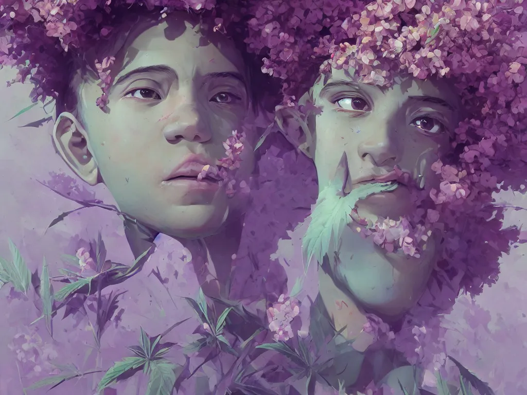 Image similar to kid with symmetrical beauty face, purple flowers of marijuana hemp cannabis, behance hd, by jesper ejsing, by rhads, makoto shinkai, lois van baarle, ilya kuvshinov, rossdraws global illumination, golden ratio