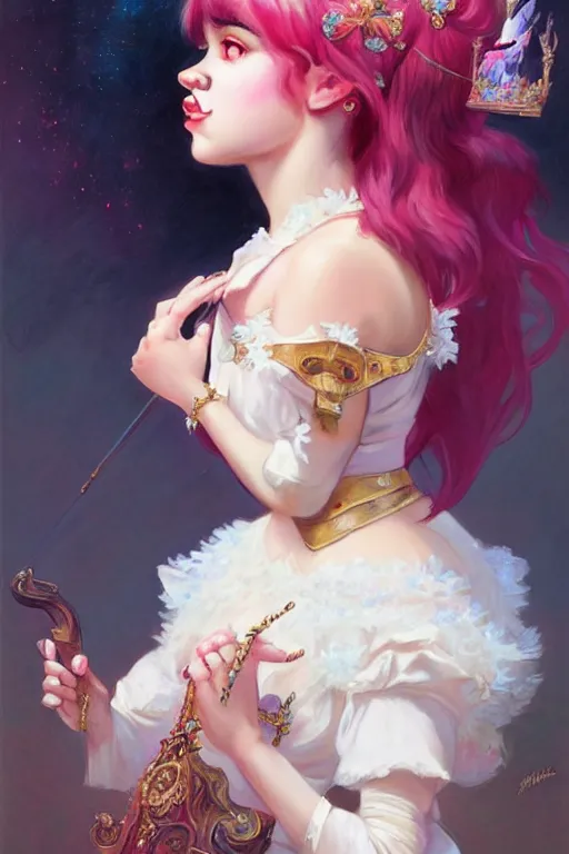 Image similar to Pop Star Melanie Martinez as a princess, fantasy, intricate, elegant, highly detailed, digital painting, artstation, concept art, matte, sharp focus, illustration, art by Artgerm and Greg Rutkowski and Alphonse Mucha